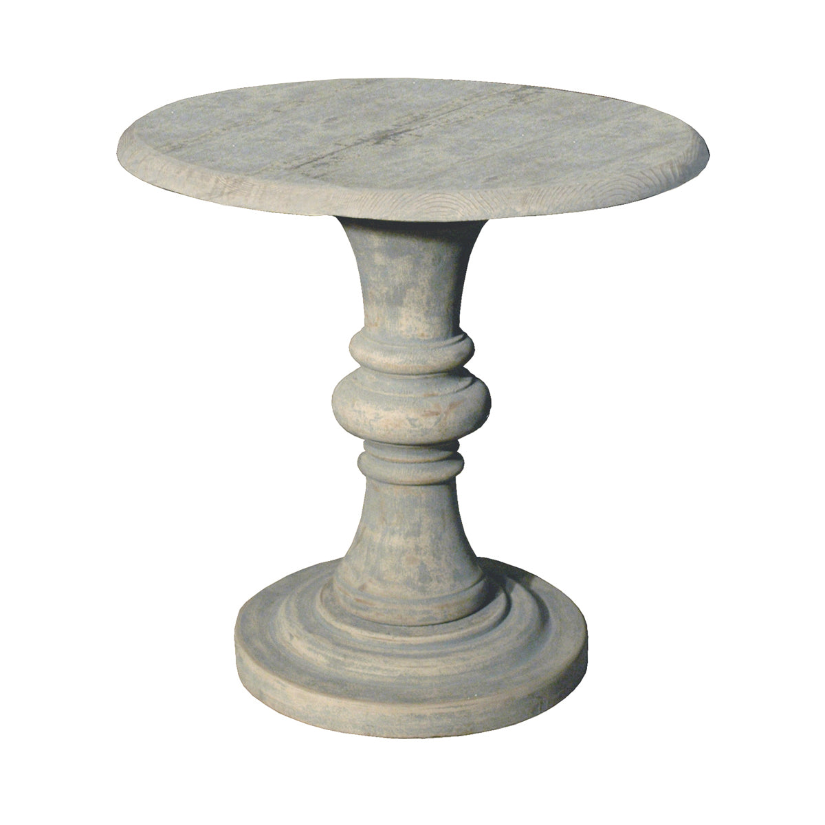 Round reclaimed pine side table on a turned base in distressed grey