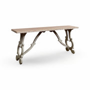 Reclaimed pine console table with antiqued top on a curved sculptural base