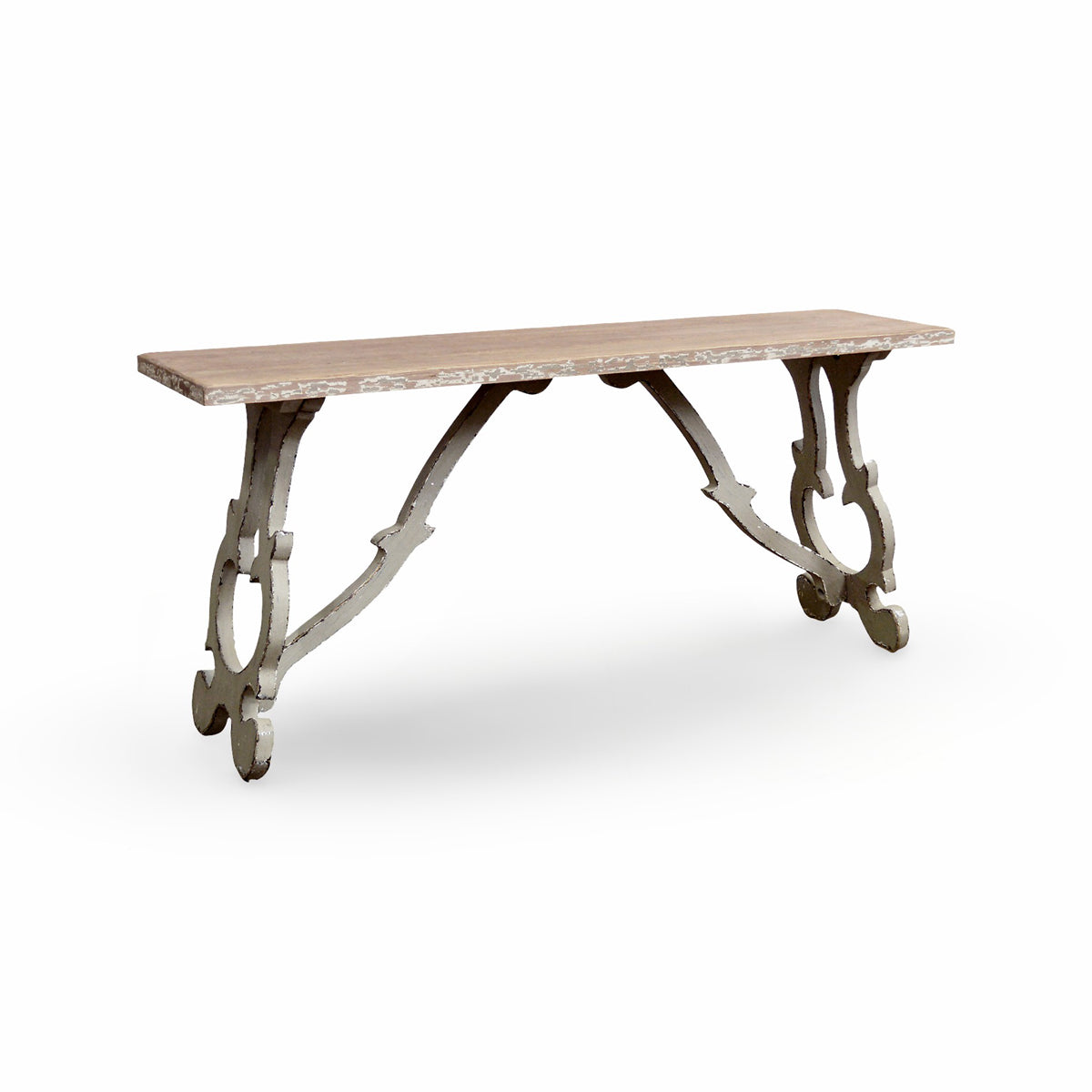 Reclaimed pine console table with antiqued top on a curved sculptural base