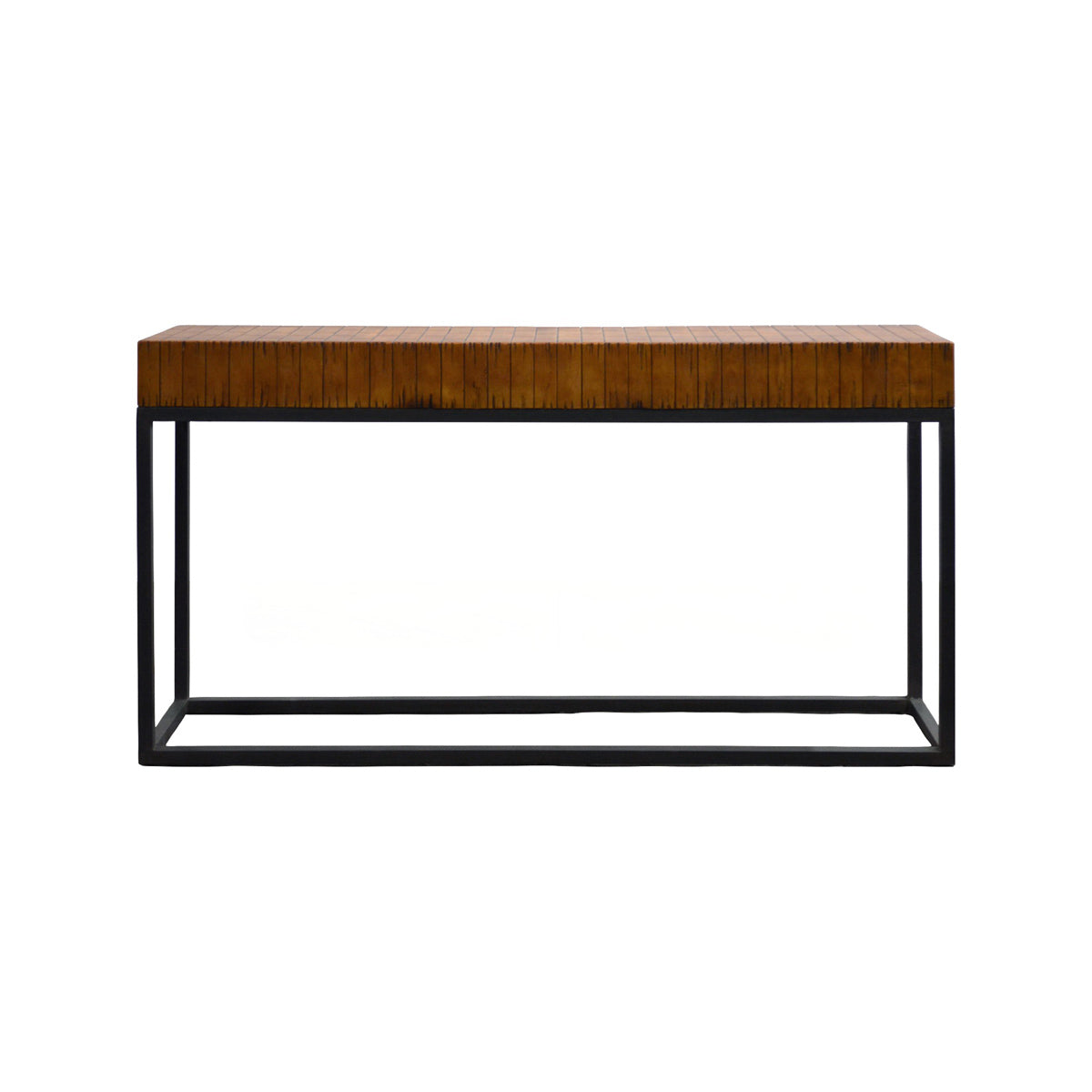 Console table with molded fiberglass top on a rectilinear iron base