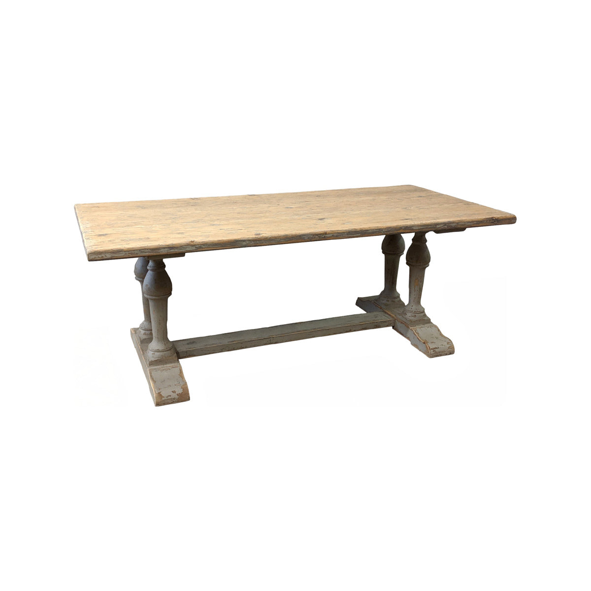 Rustic reclaimed pine dining table with turned legs and stretcher
