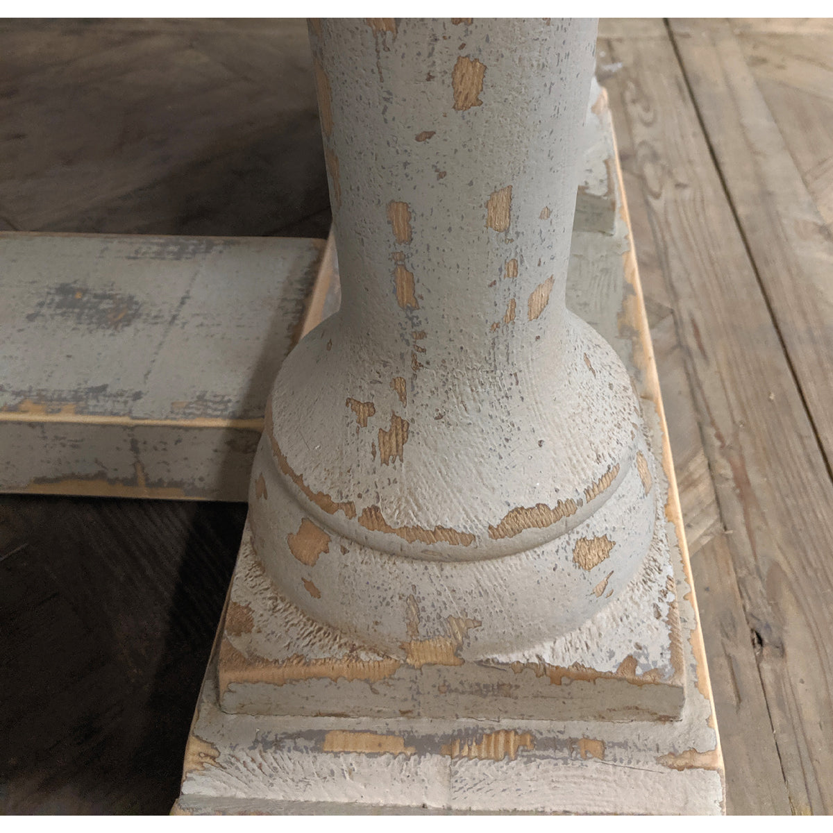Rustic reclaimed pine dining table with turned legs and stretcher