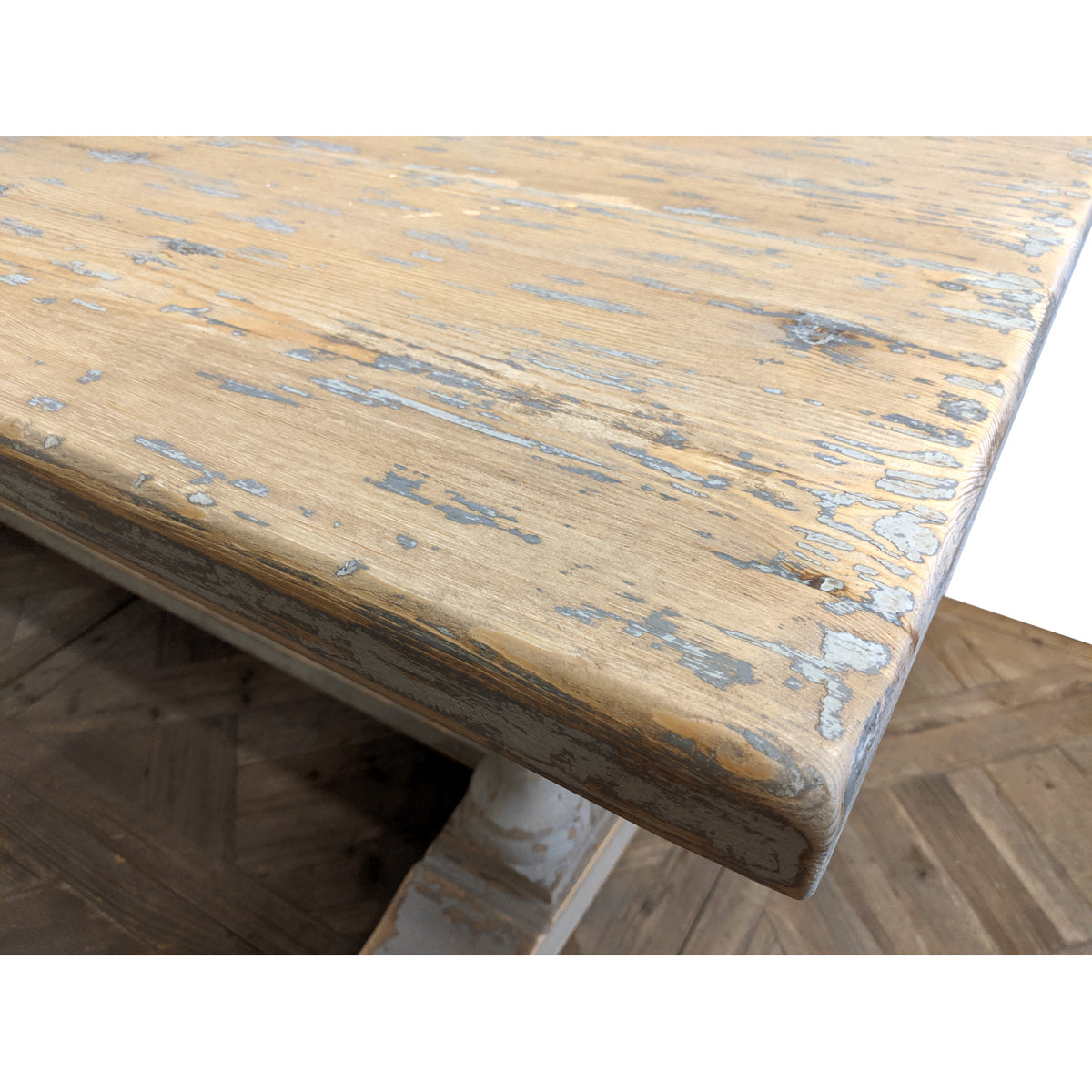 Rustic reclaimed pine dining table with turned legs and stretcher
