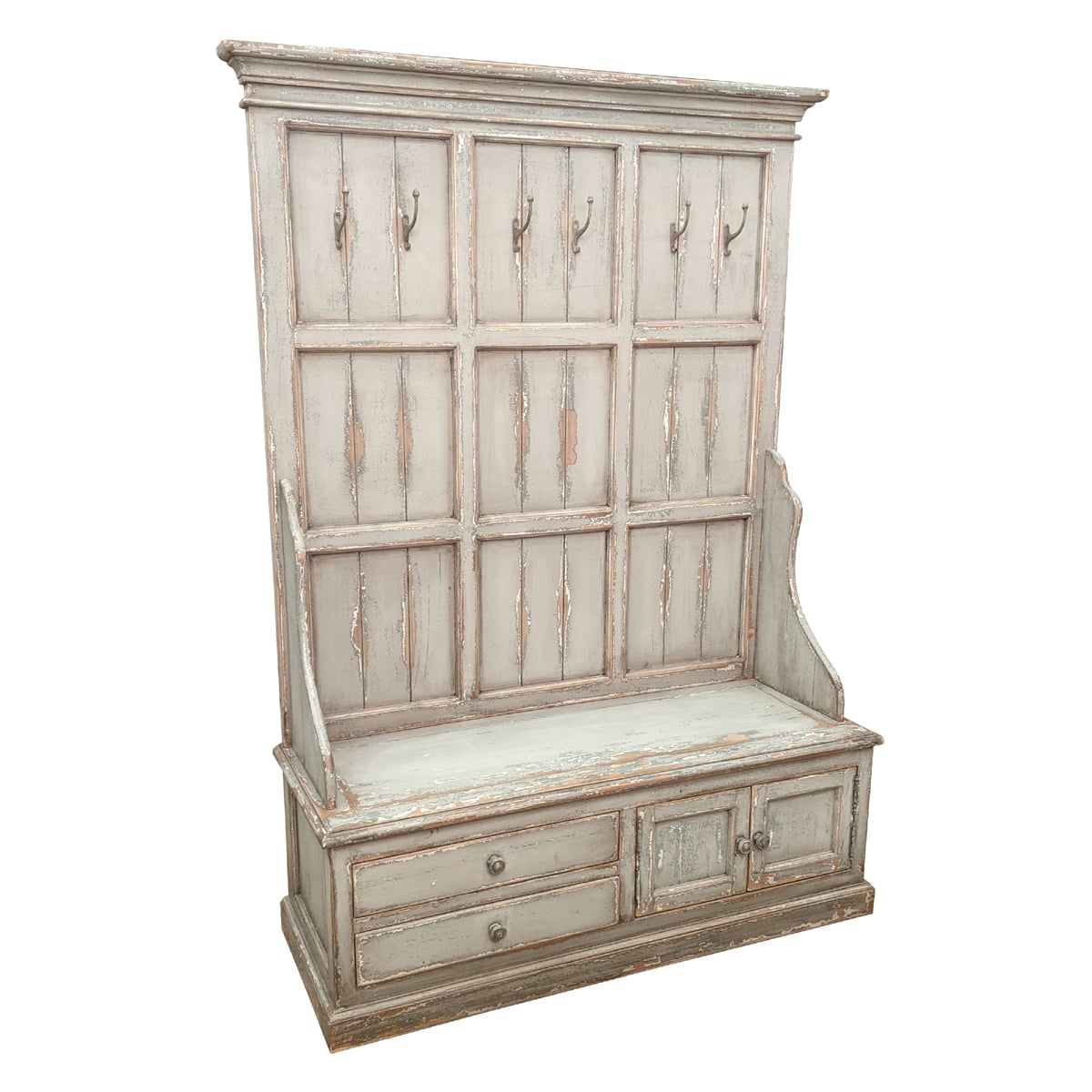 Distressed reclaimed pine hall stand with upper hooks, a bench, and lower storage
