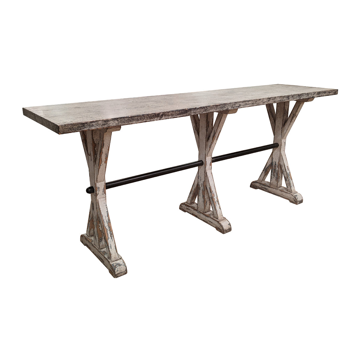 Distressed bar-height table with vertical supports and stretcher