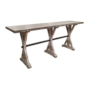 Distressed bar-height table with vertical supports and stretcher