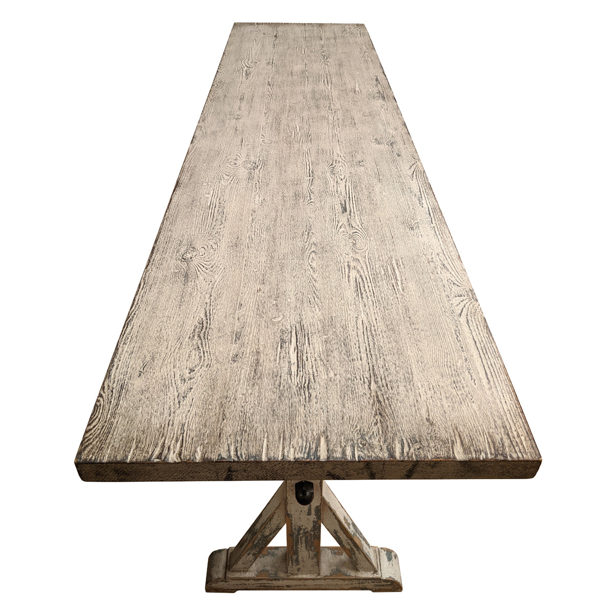 Distressed bar-height table with vertical supports and stretcher