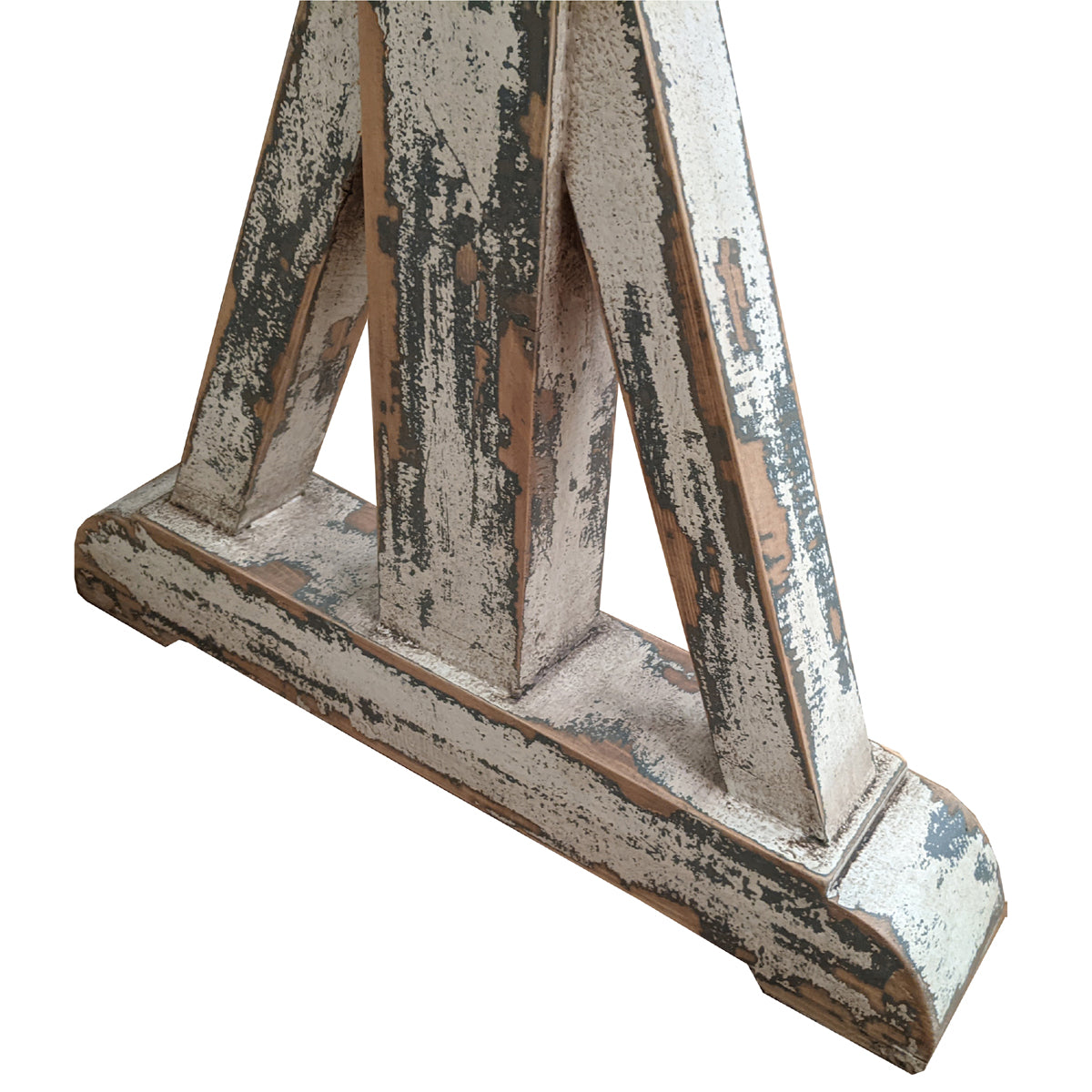 Distressed bar-height table with vertical supports and stretcher