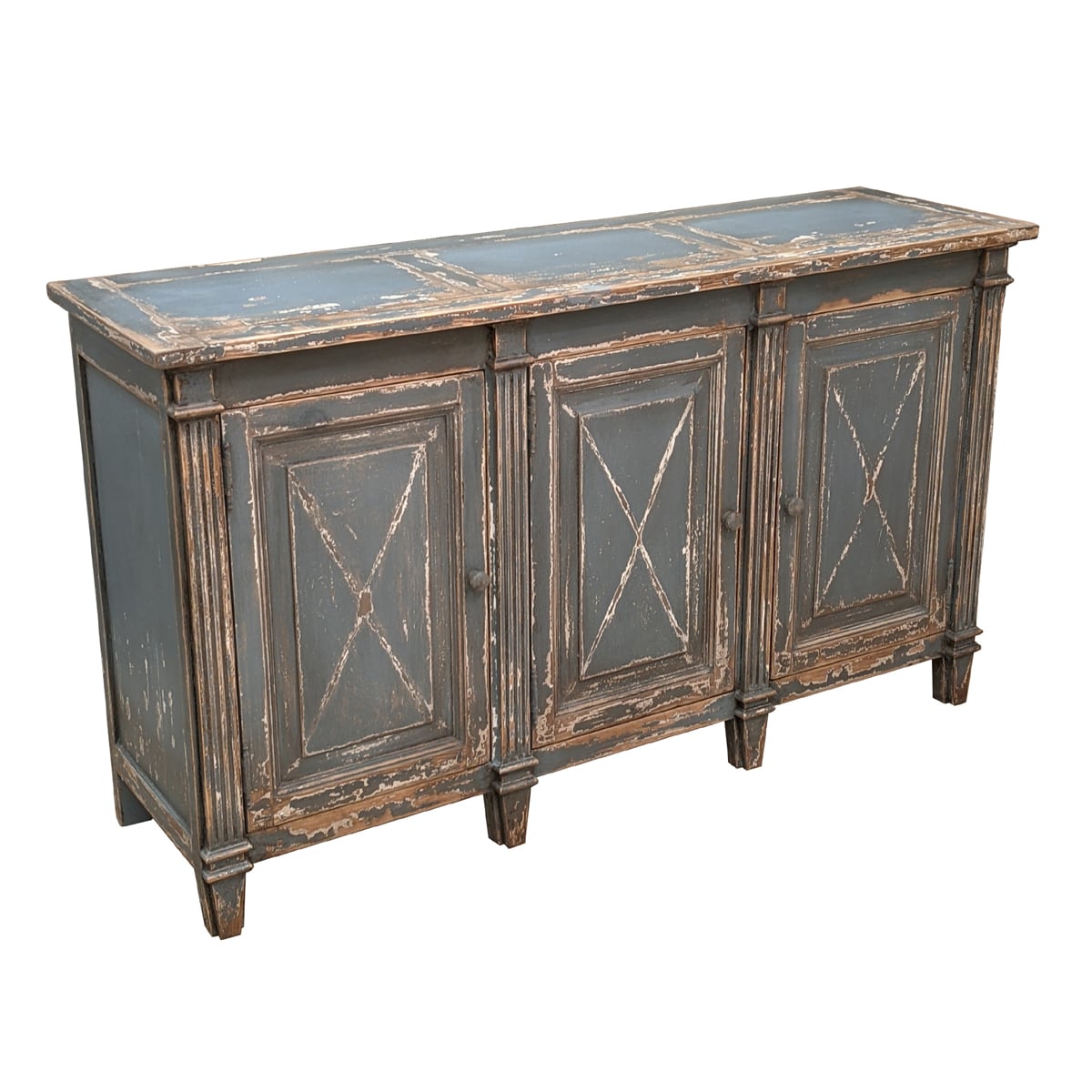 Stirling reclaimed pine sideboard with three paneled doors and cross-frame detailing