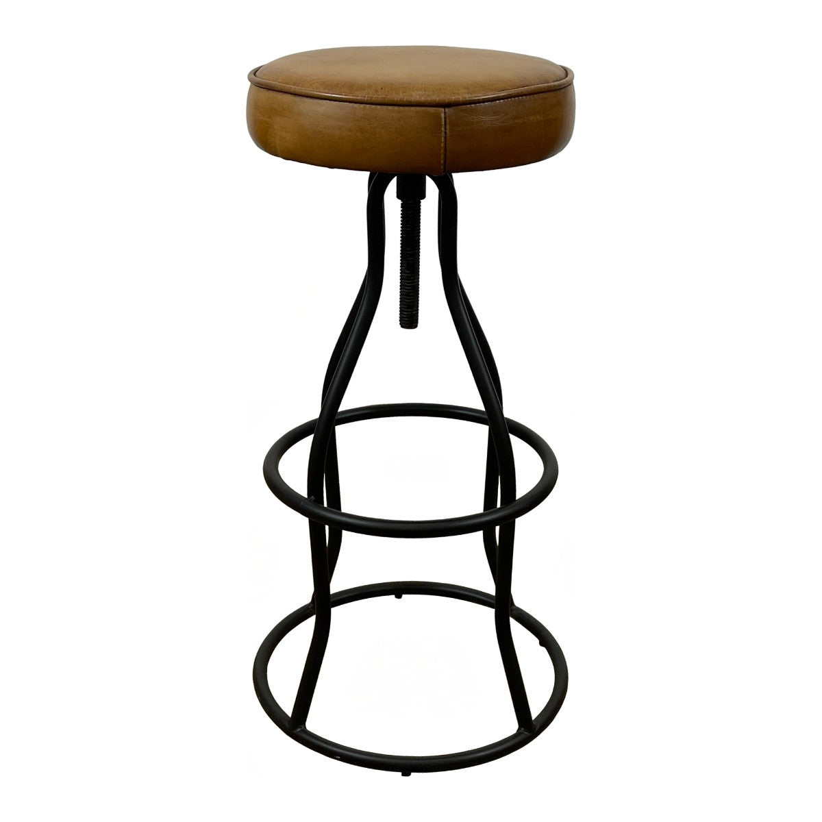 Bar stool with a light brown buffalo leather seat on an adjustable metal frame