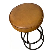 Bar stool with a light brown buffalo leather seat on an adjustable metal frame