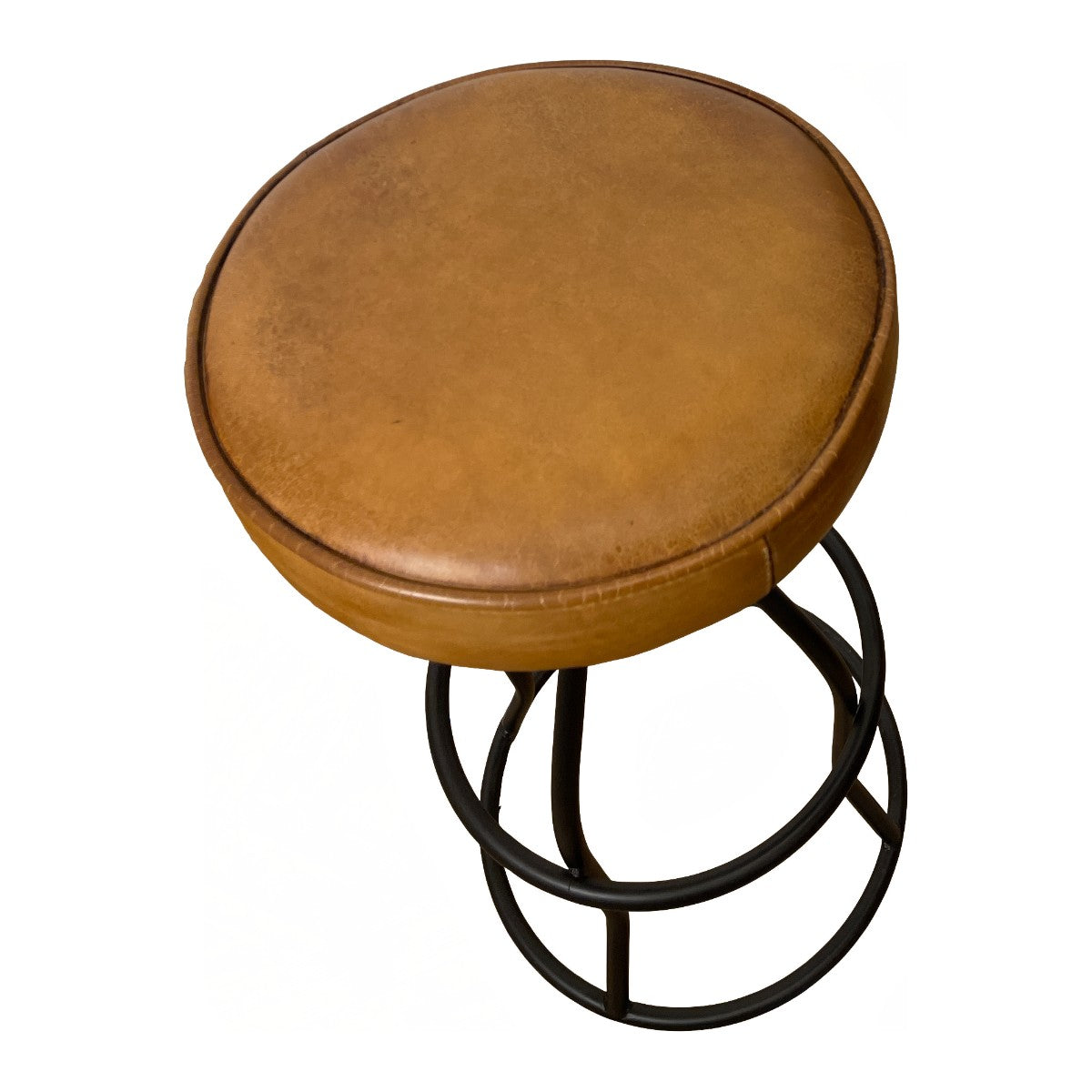 Bar stool with a light brown buffalo leather seat on an adjustable metal frame