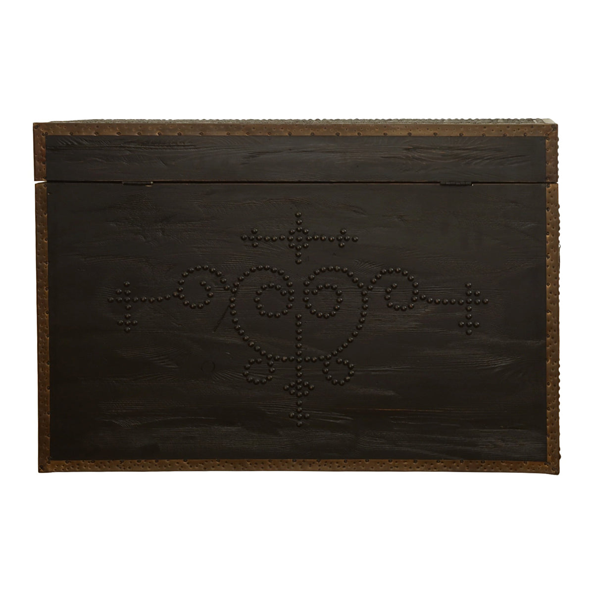 Reclaimed pine storage trunk with hand-studded metal detailing