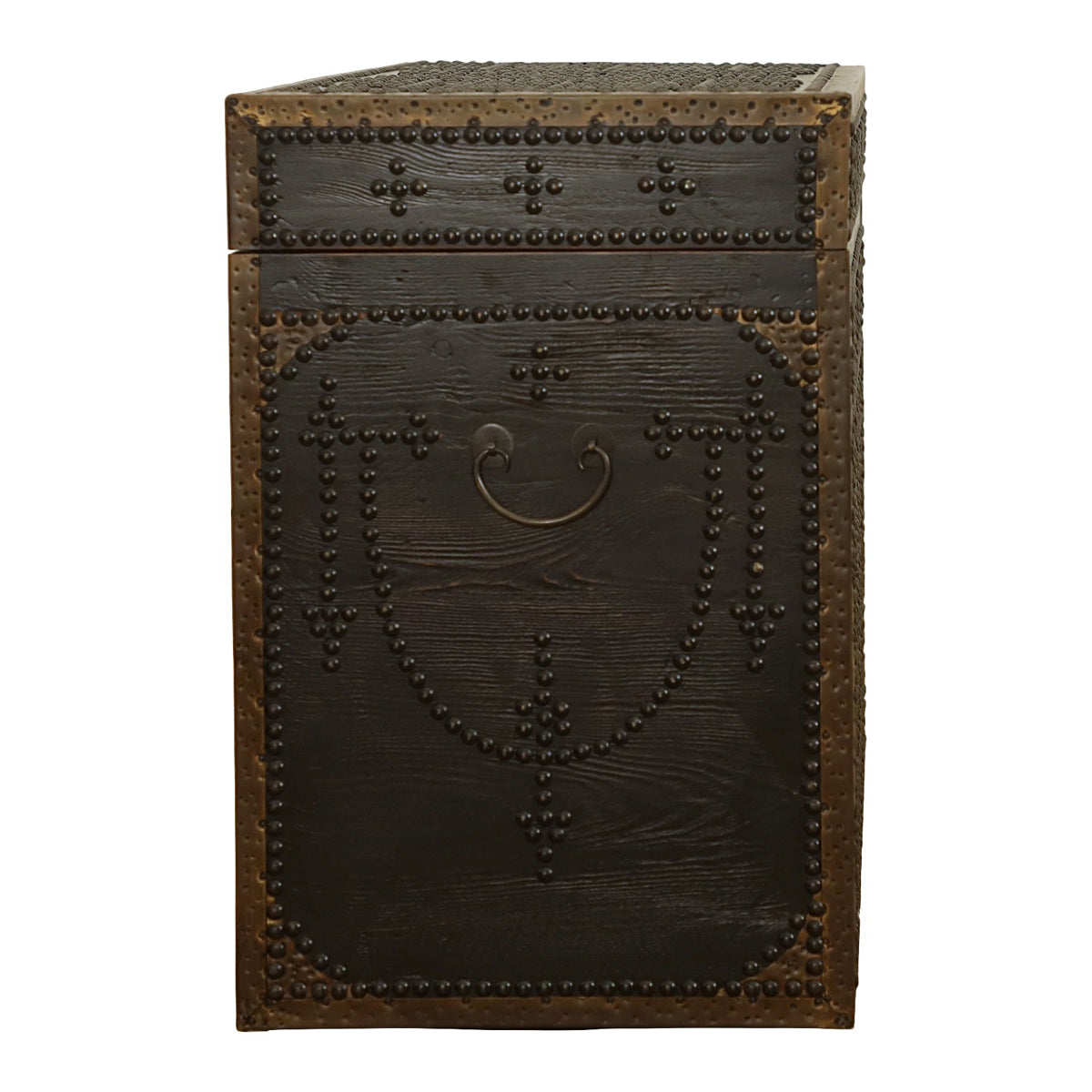Reclaimed pine storage trunk with hand-studded metal detailing