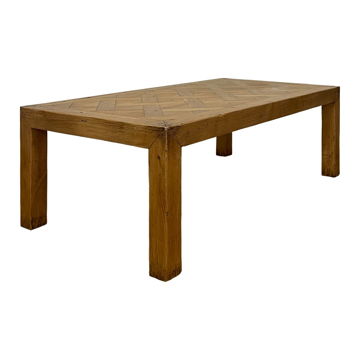 Reclaimed pine coffee table with parquet-pattern top on solid legs