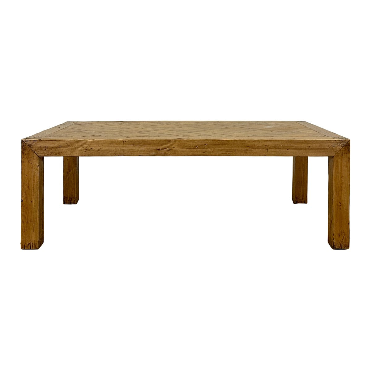 Reclaimed pine coffee table with parquet-pattern top on solid legs