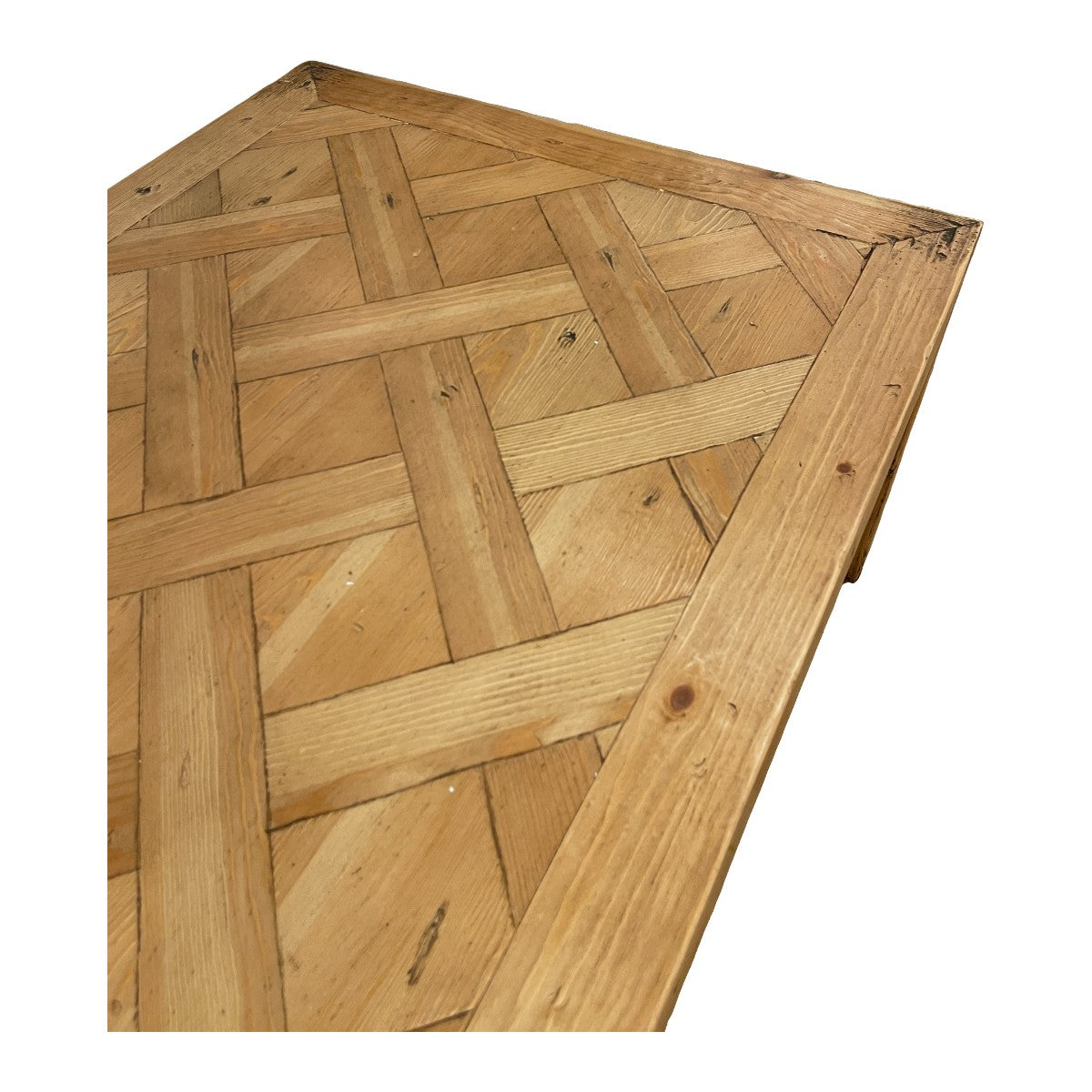 Reclaimed pine coffee table with parquet-pattern top on solid legs