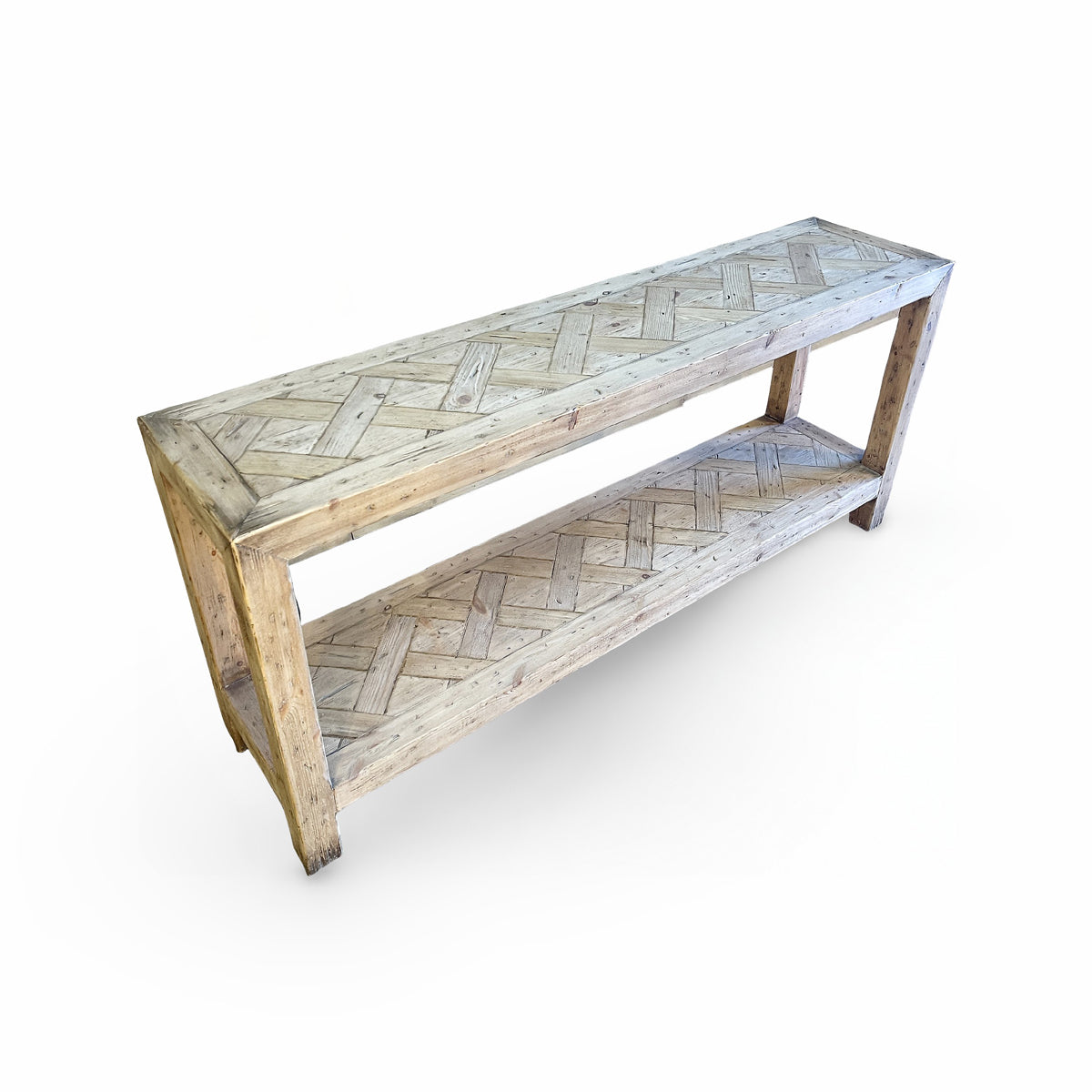 Reclaimed pine console table with herringbone top and lower shelf