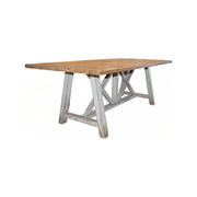 Reclaimed pine dining table with plank top on a painted X-frame base