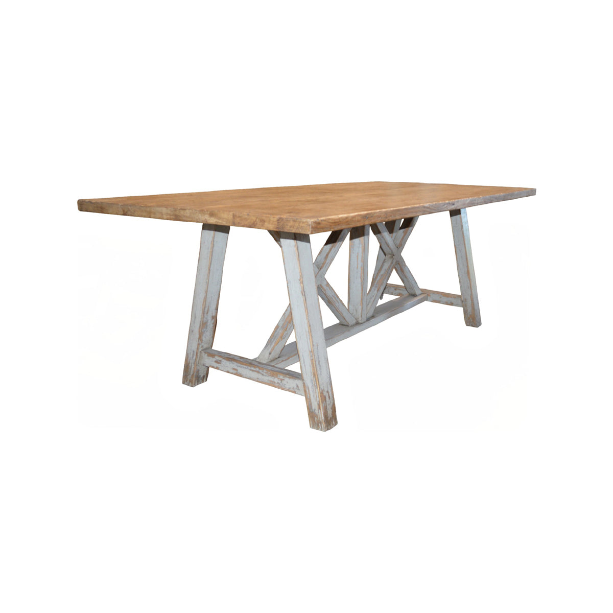 Reclaimed pine dining table with plank top on a painted X-frame base