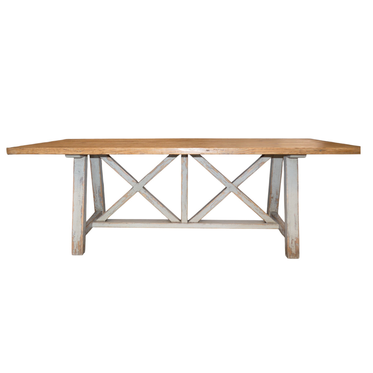 Reclaimed pine dining table with plank top on a painted X-frame base