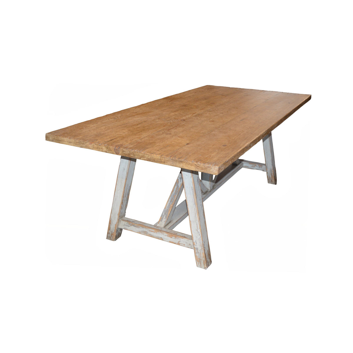 Reclaimed pine dining table with plank top on a painted X-frame base