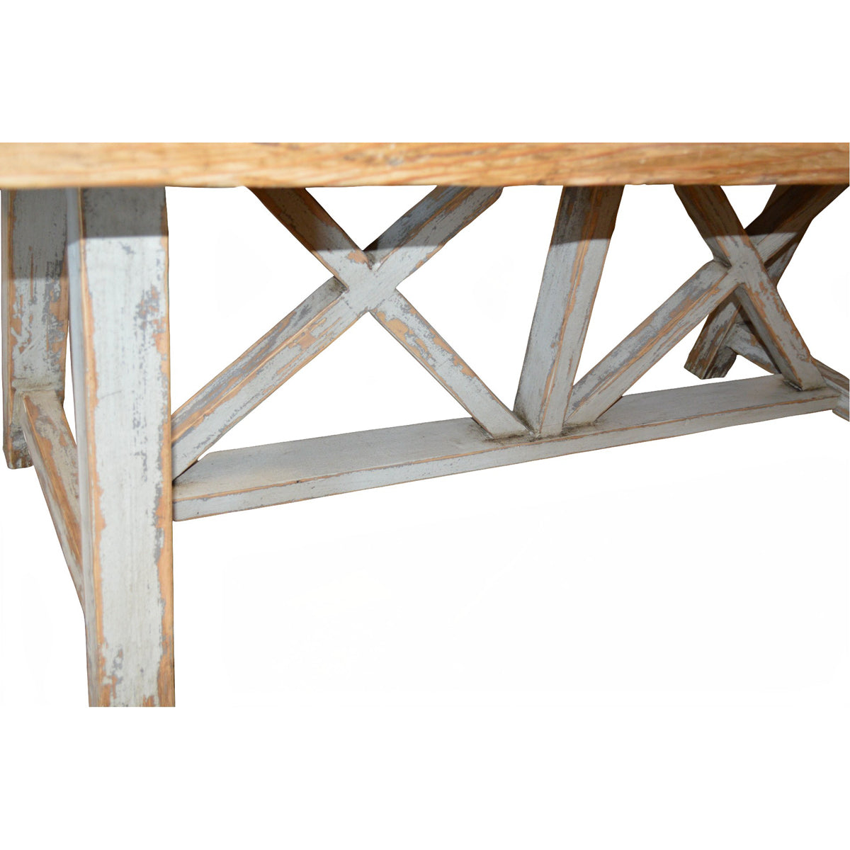 Reclaimed pine dining table with plank top on a painted X-frame base