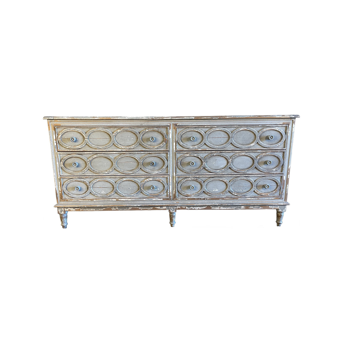 Oban reclaimed pine server with six drawers framed by carved oval detailing