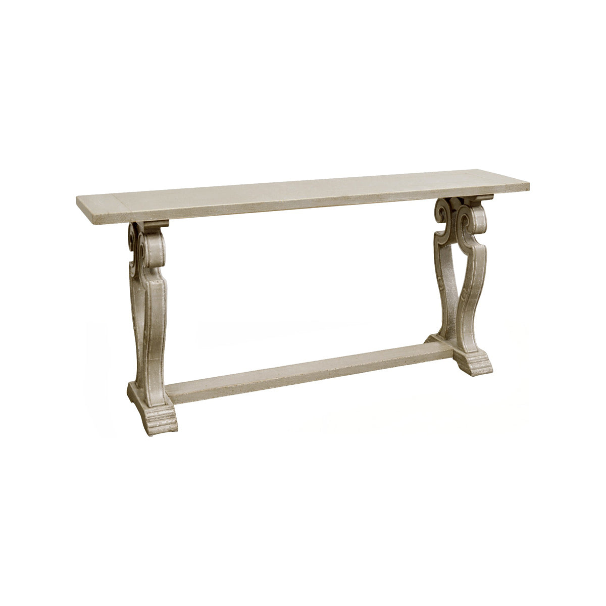 Reclaimed pine console table with carved harp base and stretcher
