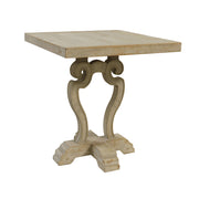 Reclaimed pine side table with square top on a carved harp base