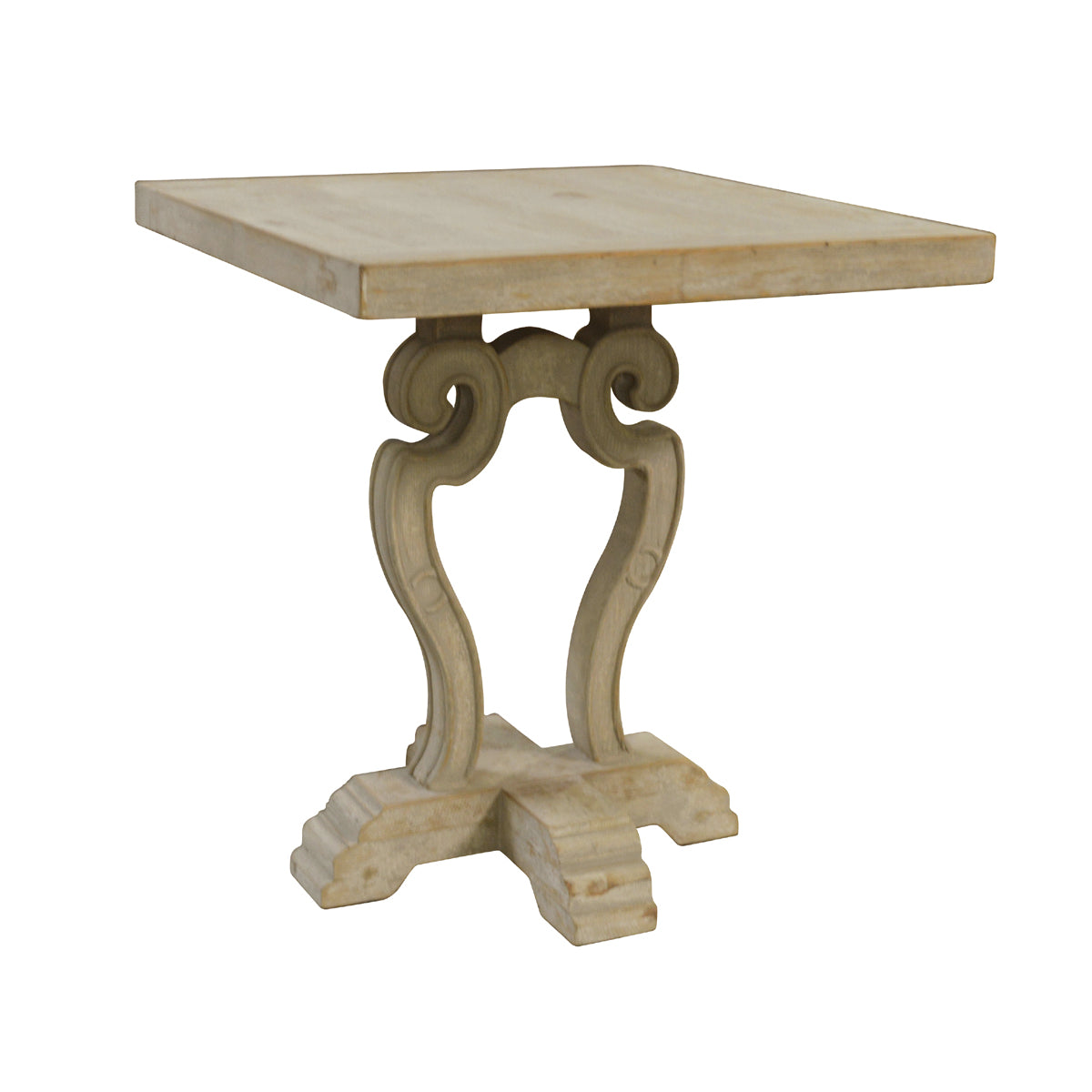 Reclaimed pine side table with square top on a carved harp base
