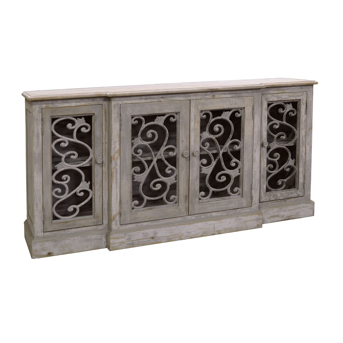 Reclaimed pine sideboard with four doors inset with iron fretwork