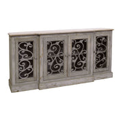 Reclaimed pine sideboard with four doors inset with iron fretwork