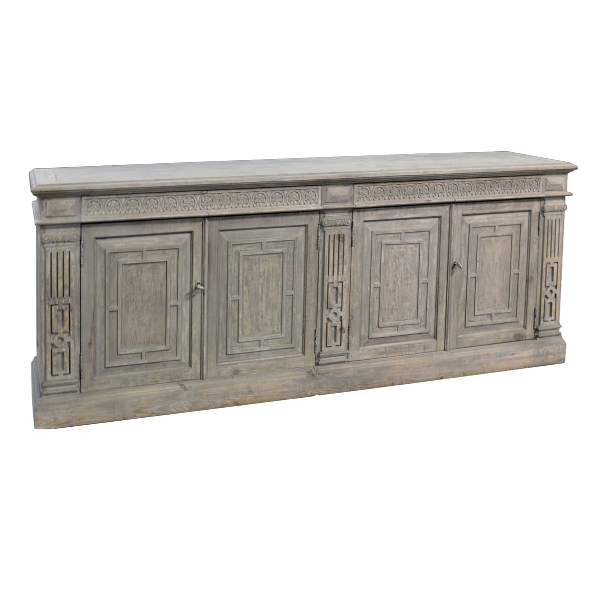 Reclaimed pine sideboard with carved door fronts and four integrated drawers