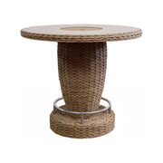 Woven outdoor bar table with round glass top and central umbrella opening
