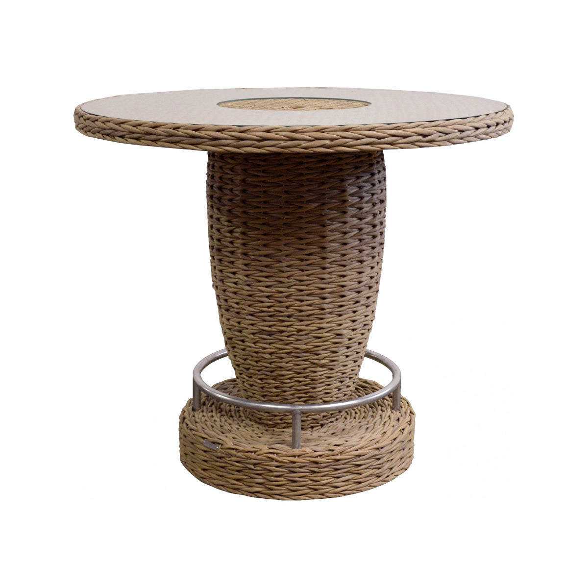 Woven outdoor bar table with round glass top and central umbrella opening