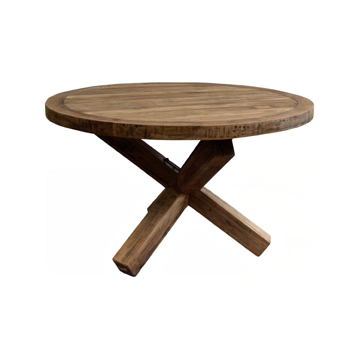 Round reclaimed teak dining table on an intersecting base