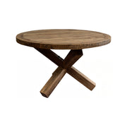 Round reclaimed teak dining table on an intersecting base