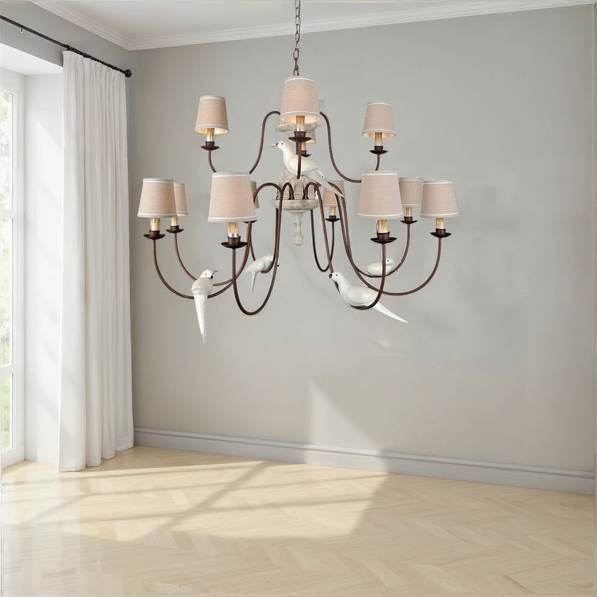 Eaton chandelier with washed wood and rust-finish metal multi-arm frame