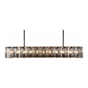 Mills linear chandelier with vertical glass sleeves on old bronze frame
