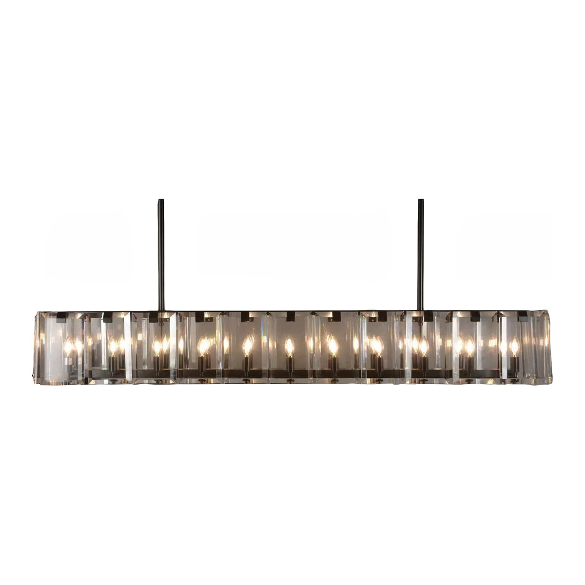 Mills linear chandelier with vertical glass sleeves on old bronze frame