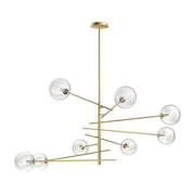 Barley brass chandelier with arms at varied lengths holding clear glass globes