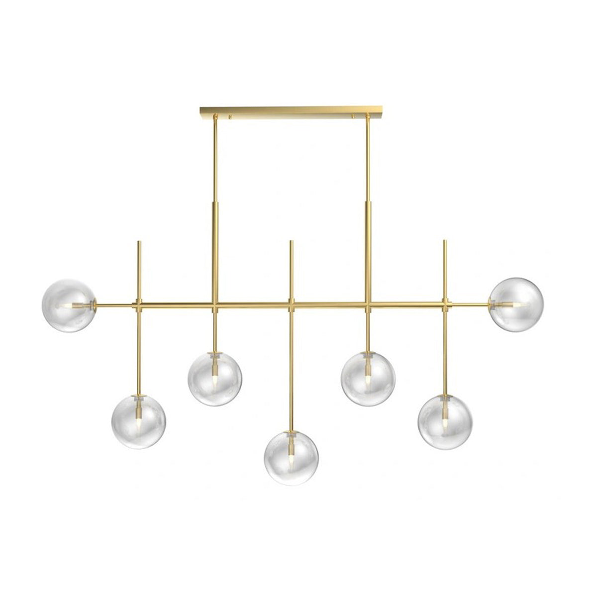 Beech Grove brass chandelier with vertical drops and clear glass globes