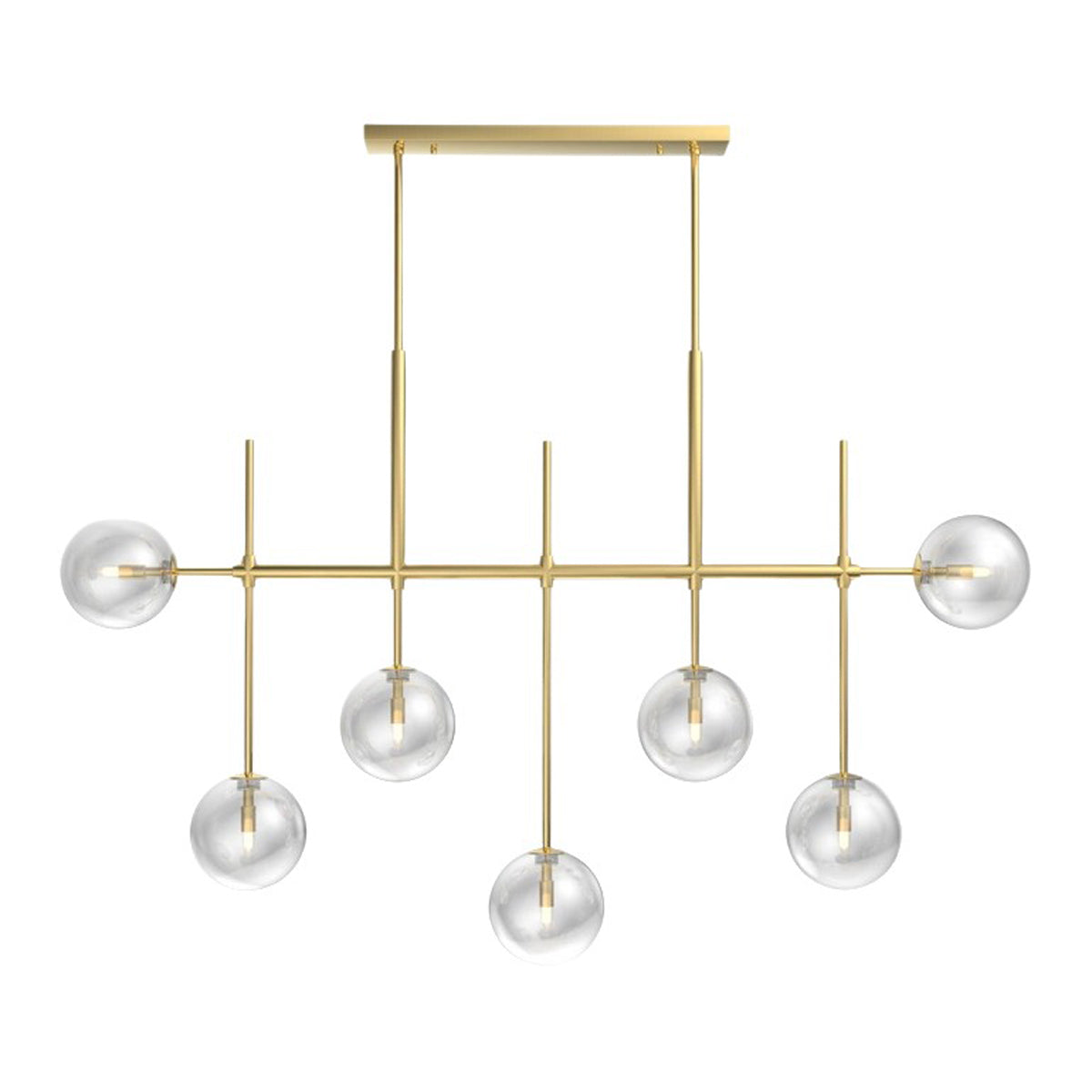 Brunel brass chandelier with clear glass globes hung at varying heights