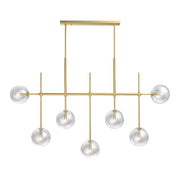 Brunel brass chandelier with clear glass globes hung at varying heights