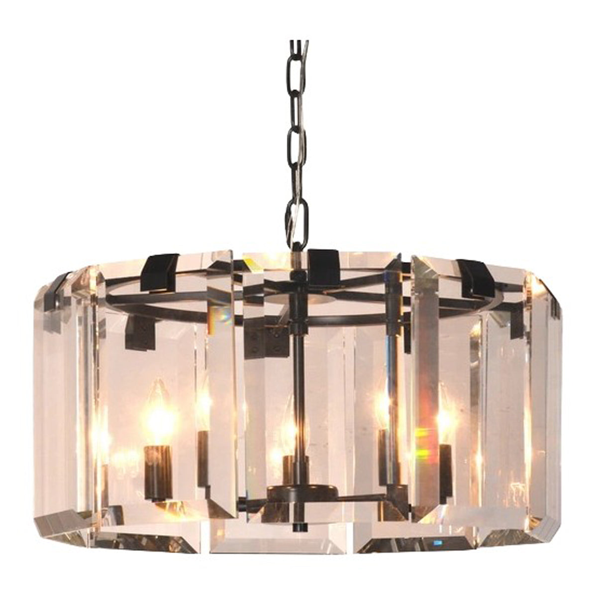 Ebnall chandelier with ring of faceted glass panels in old bronze