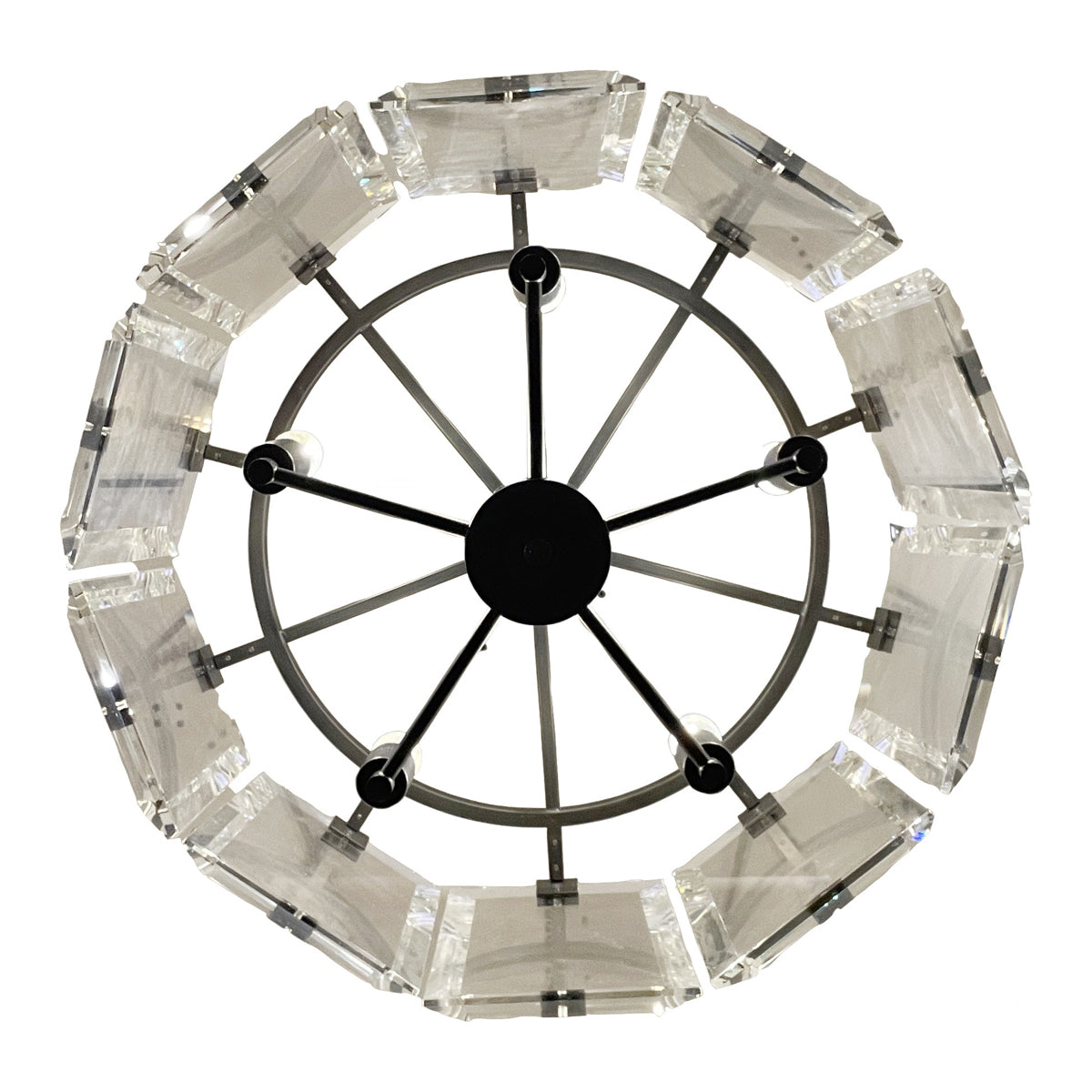 Ebnall chandelier with ring of faceted glass panels in old bronze