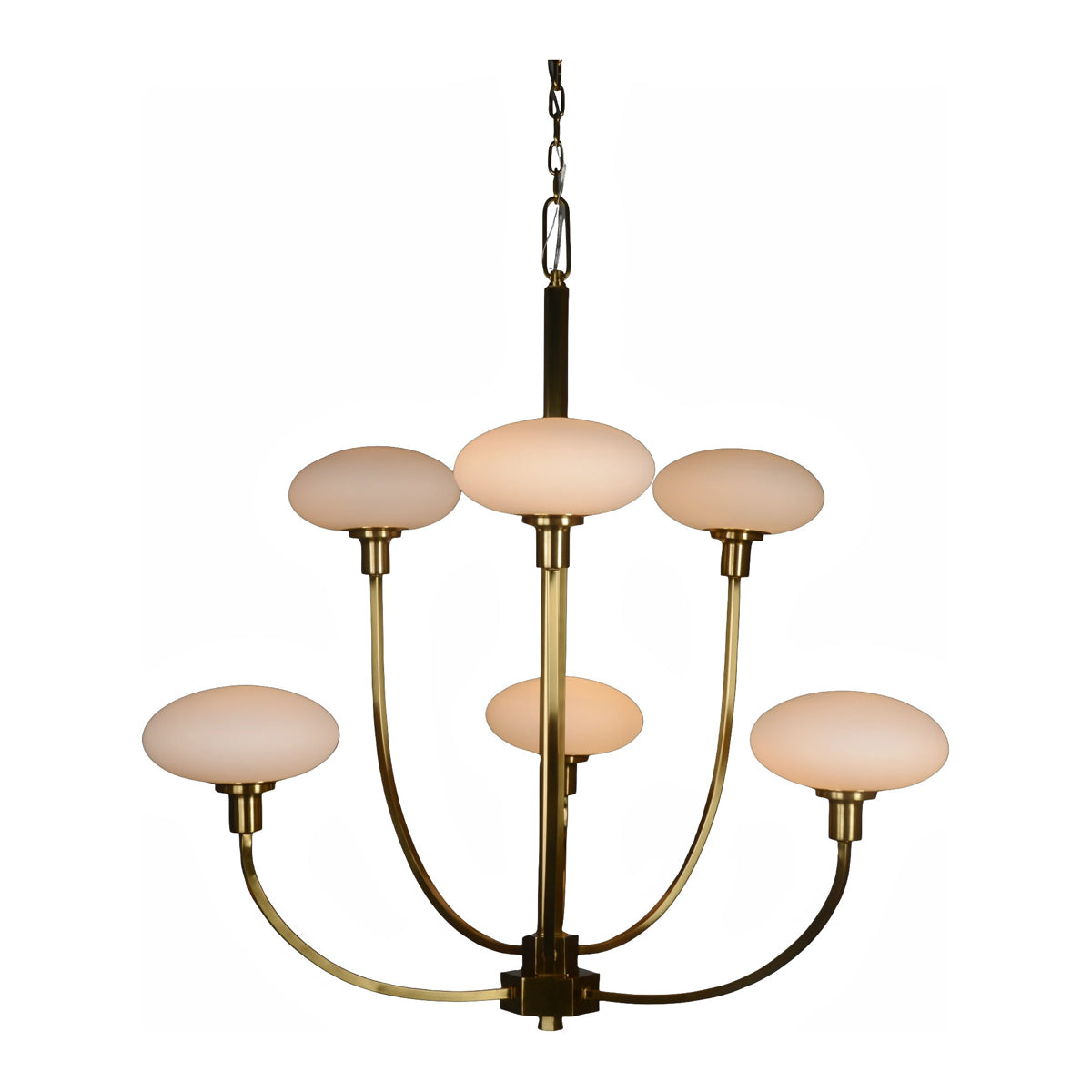Ginhall chandelier with arched metal arms and opaline glass shades