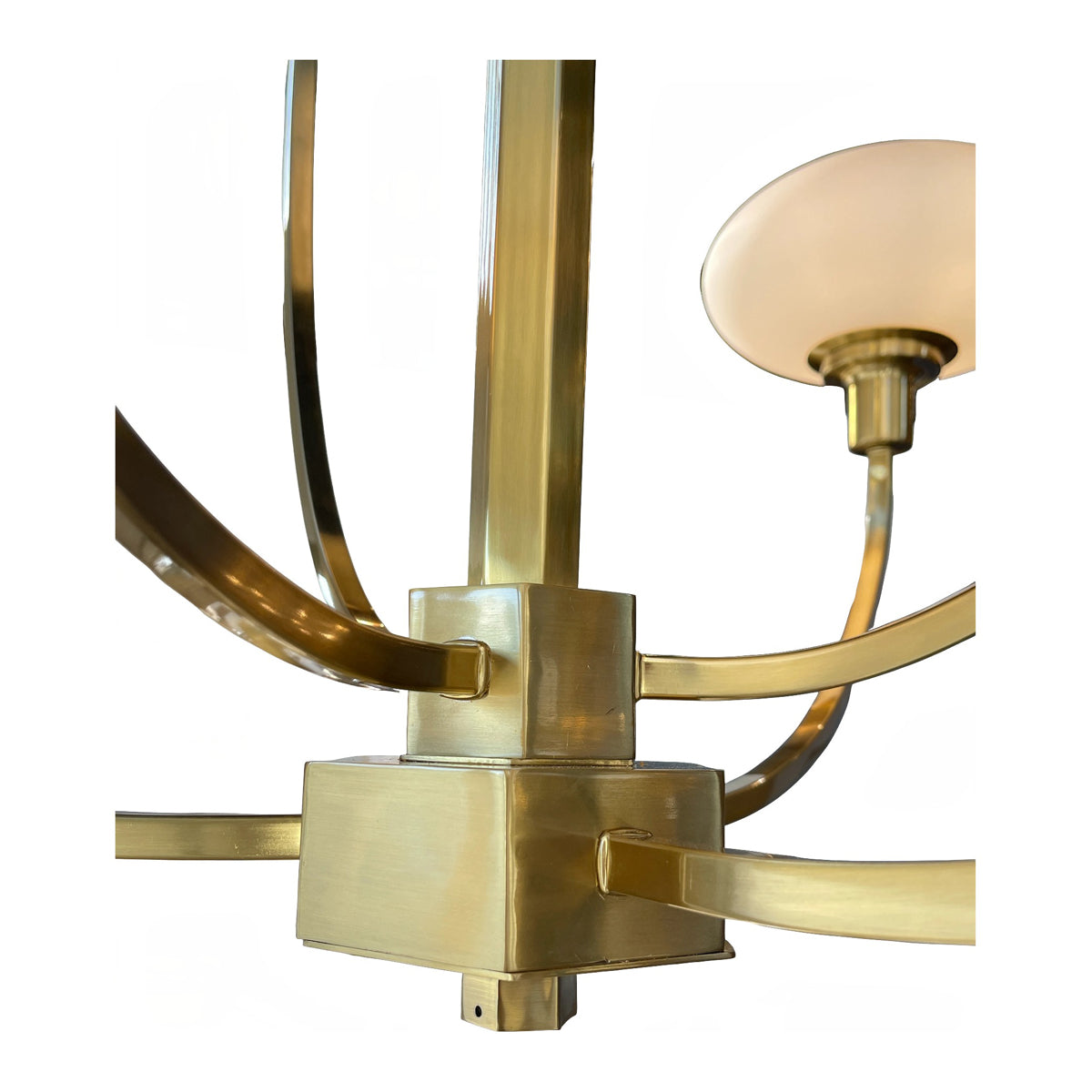 Ginhall chandelier with arched metal arms and opaline glass shades