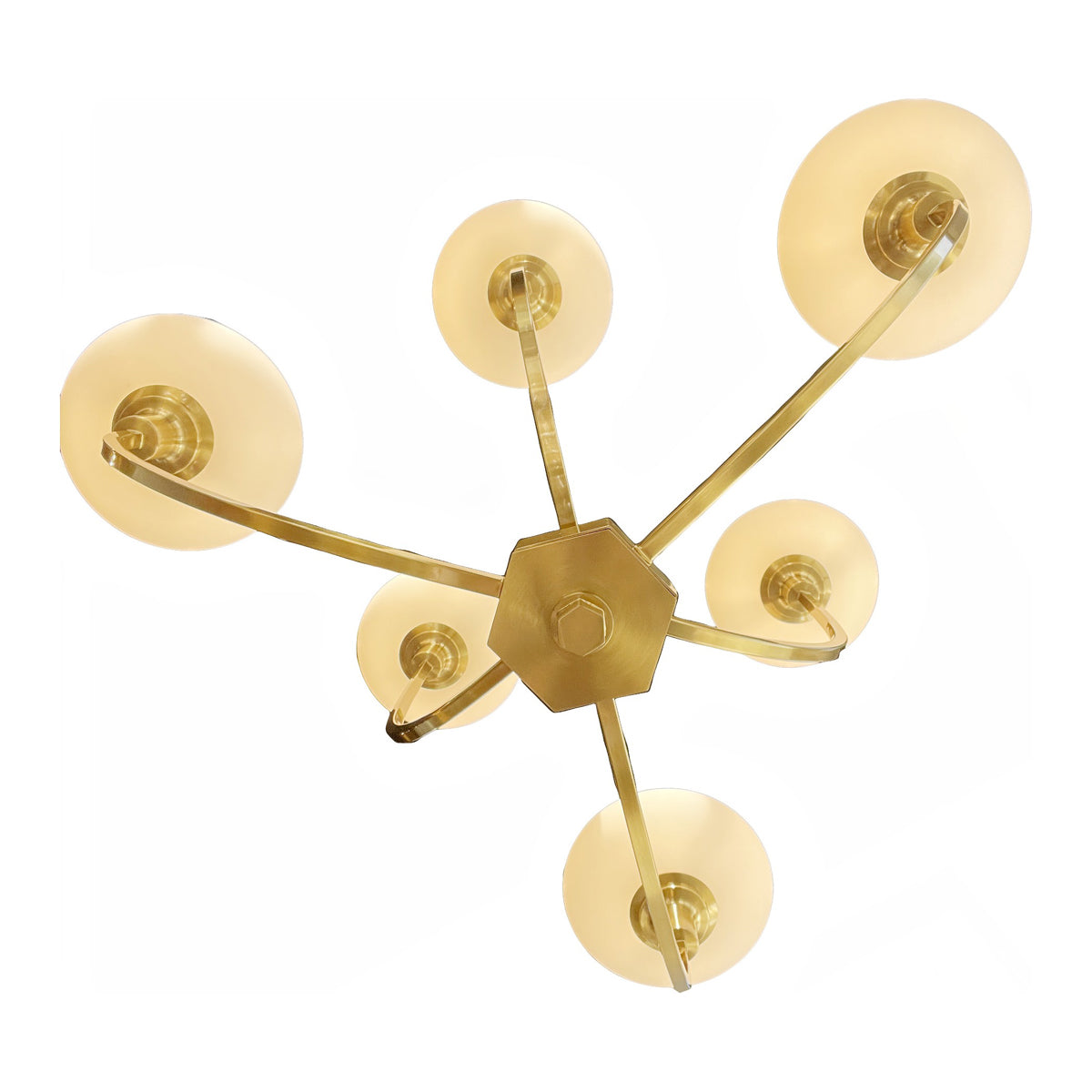 Ginhall chandelier with arched metal arms and opaline glass shades